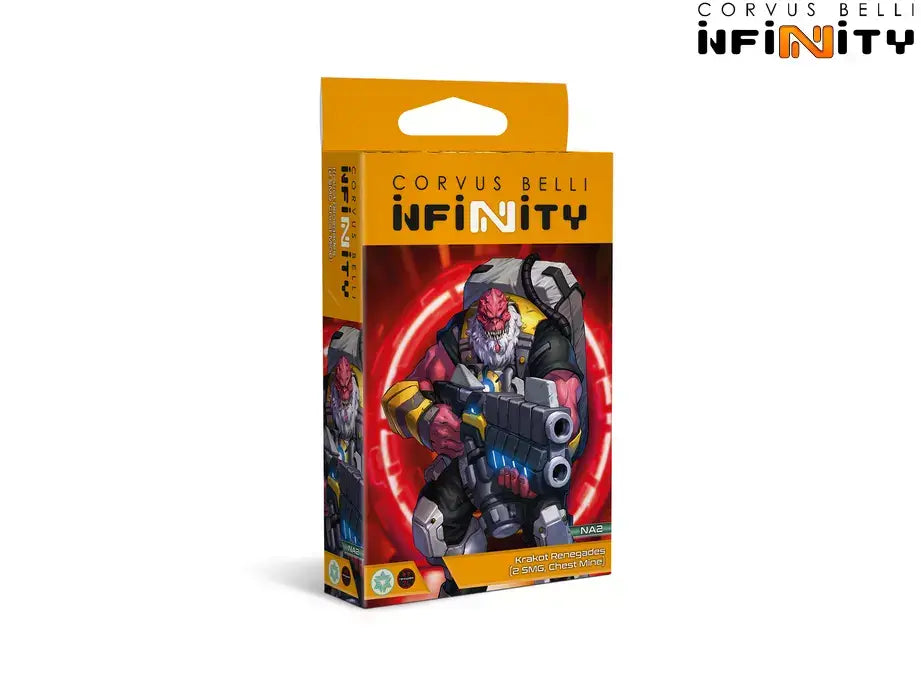 The box for the Infinity Krakot Renegades miniature, showing a fierce red-skinned Morat fugitive holding two submachine guns.