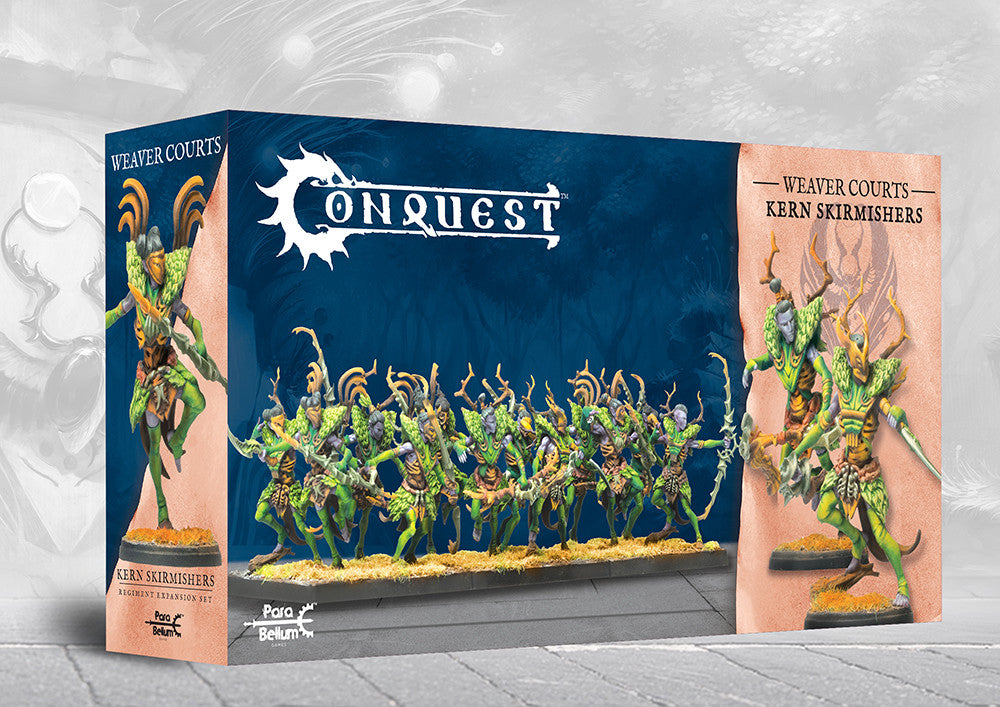 The box for the Conquest Weaver Courts Kern Skirmishers, displaying a full regiment of painted elf-like archers on a movement tray.