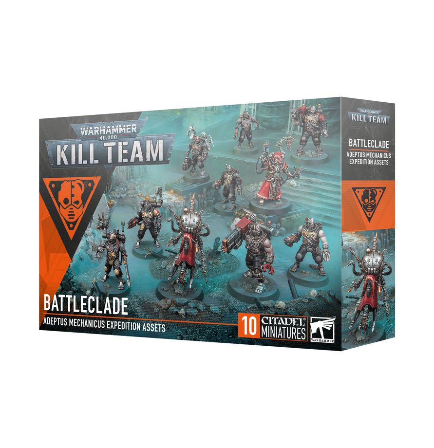 The official retail product box for the Kill Team: Battleclades miniature kit, featuring the fully assembled and painted Adeptus Mechanicus models.