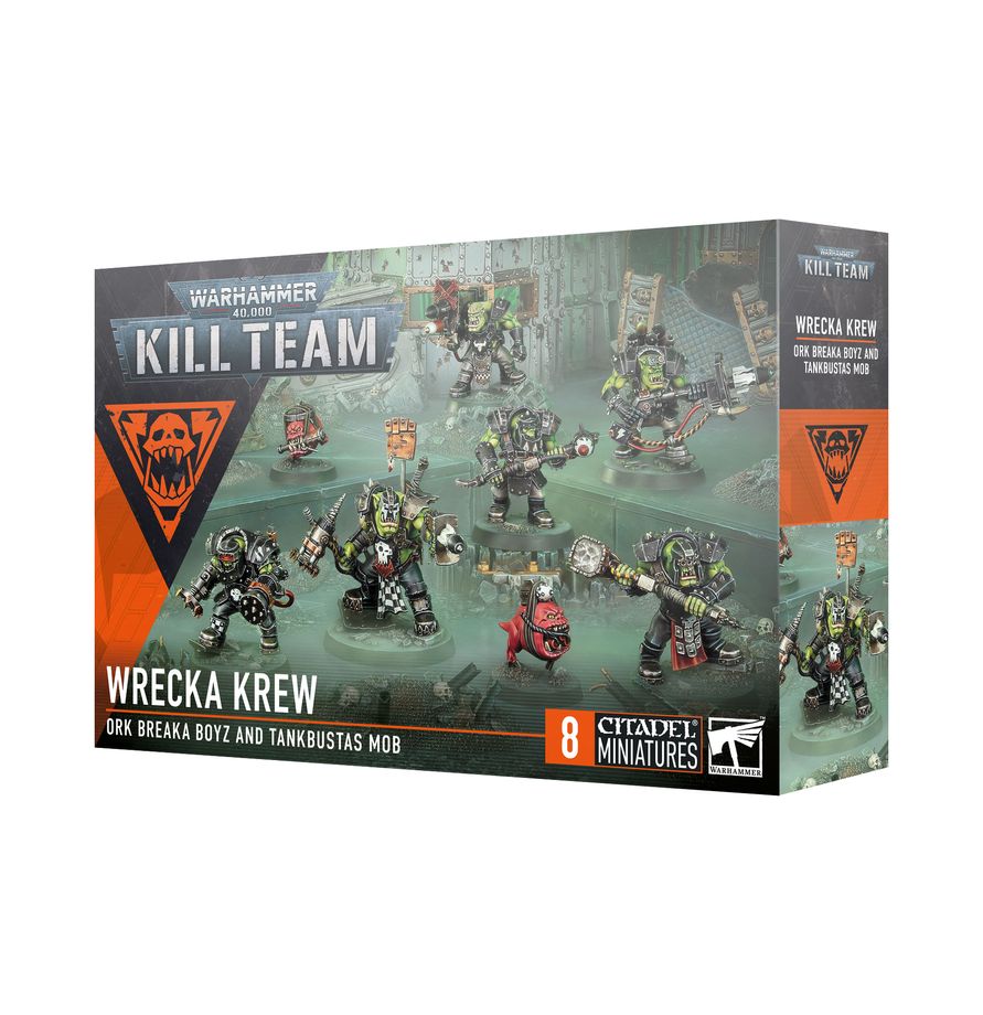 The official retail product box for the Kill Team Wrecka Krew miniature kit, featuring the fully assembled and painted Ork models.
