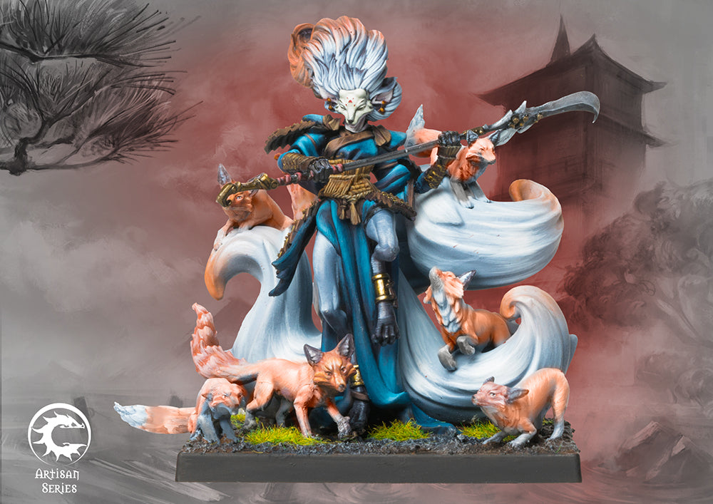 The beautifully painted Kitsune Bakasu resin miniature showcasing alternate arm and head assembly options.