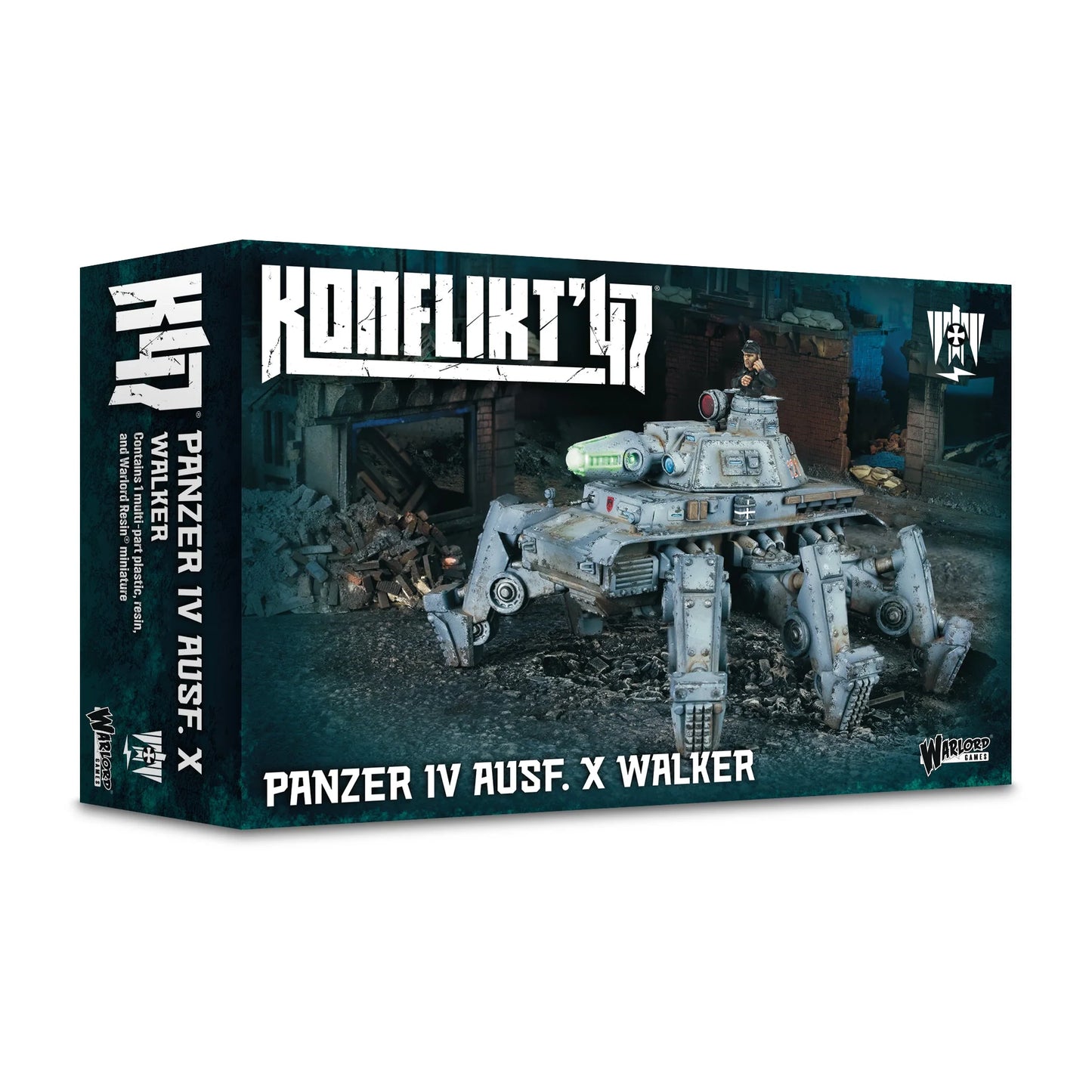 Official retail box for the Konflikt '47 Panzer IV Ausf. X Walker by Warlord Games, an upgraded Axis armored platform.