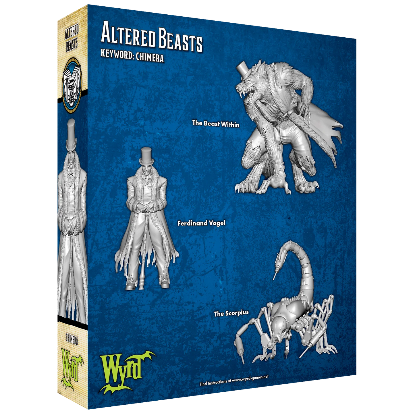 The 3 unpainted plastic miniatures from the Malifaux Altered Beasts box: Ferdinand Vogel, The Beast Within, and The Scorpius.