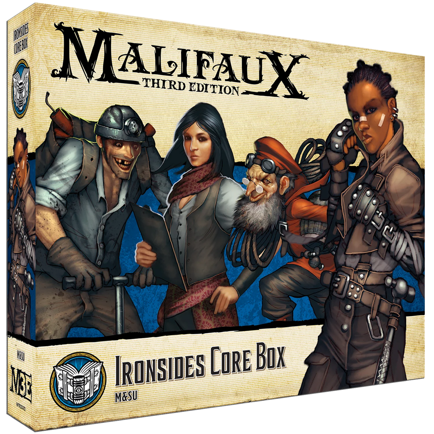 Box art for the Malifaux Ironsides Core Box, featuring Toni Ironsides and her M&SU crew.