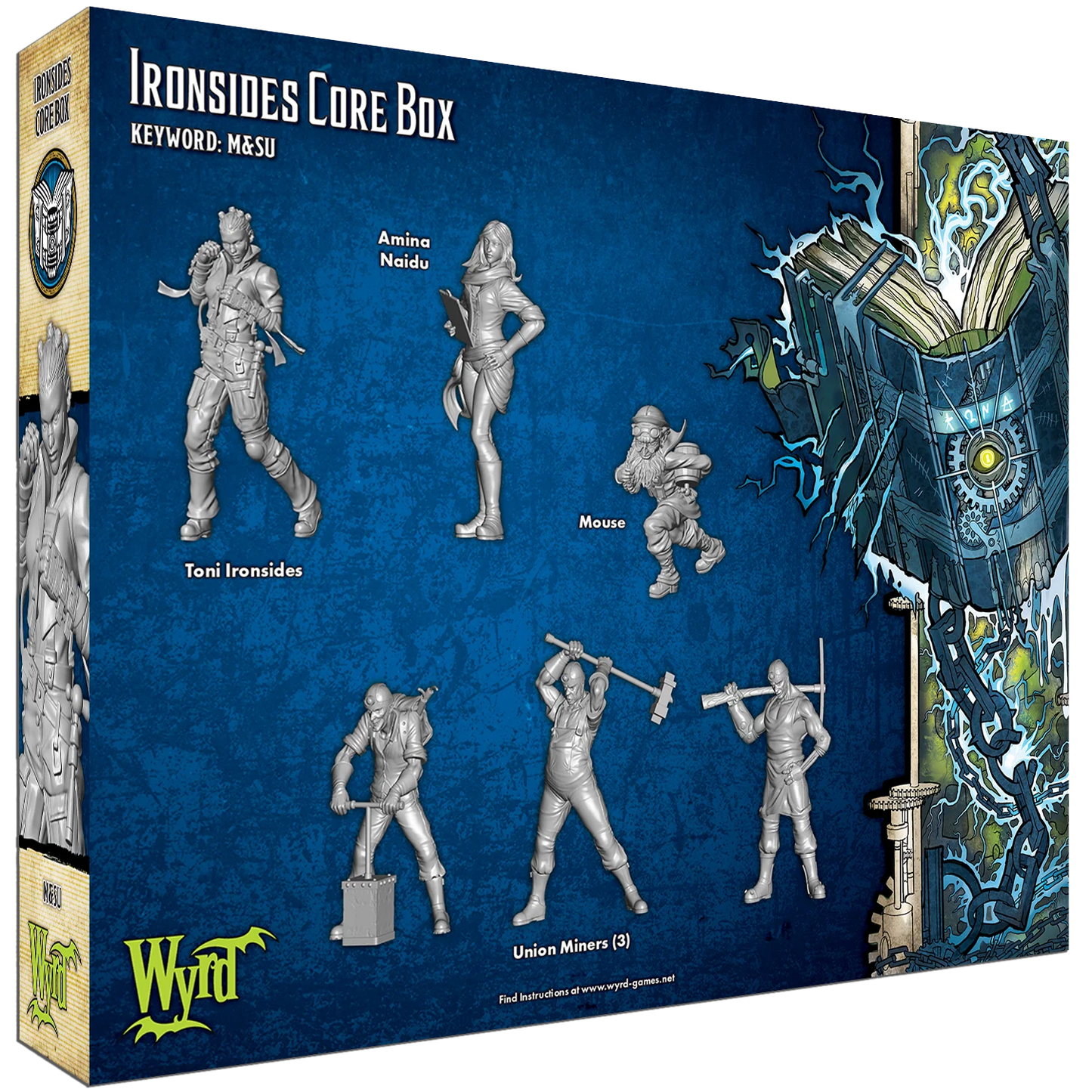 The 6 unpainted plastic miniatures from the Malifaux Ironsides Core Box: Toni Ironsides, Amina Naidu, Mouse, and three Union Miners.