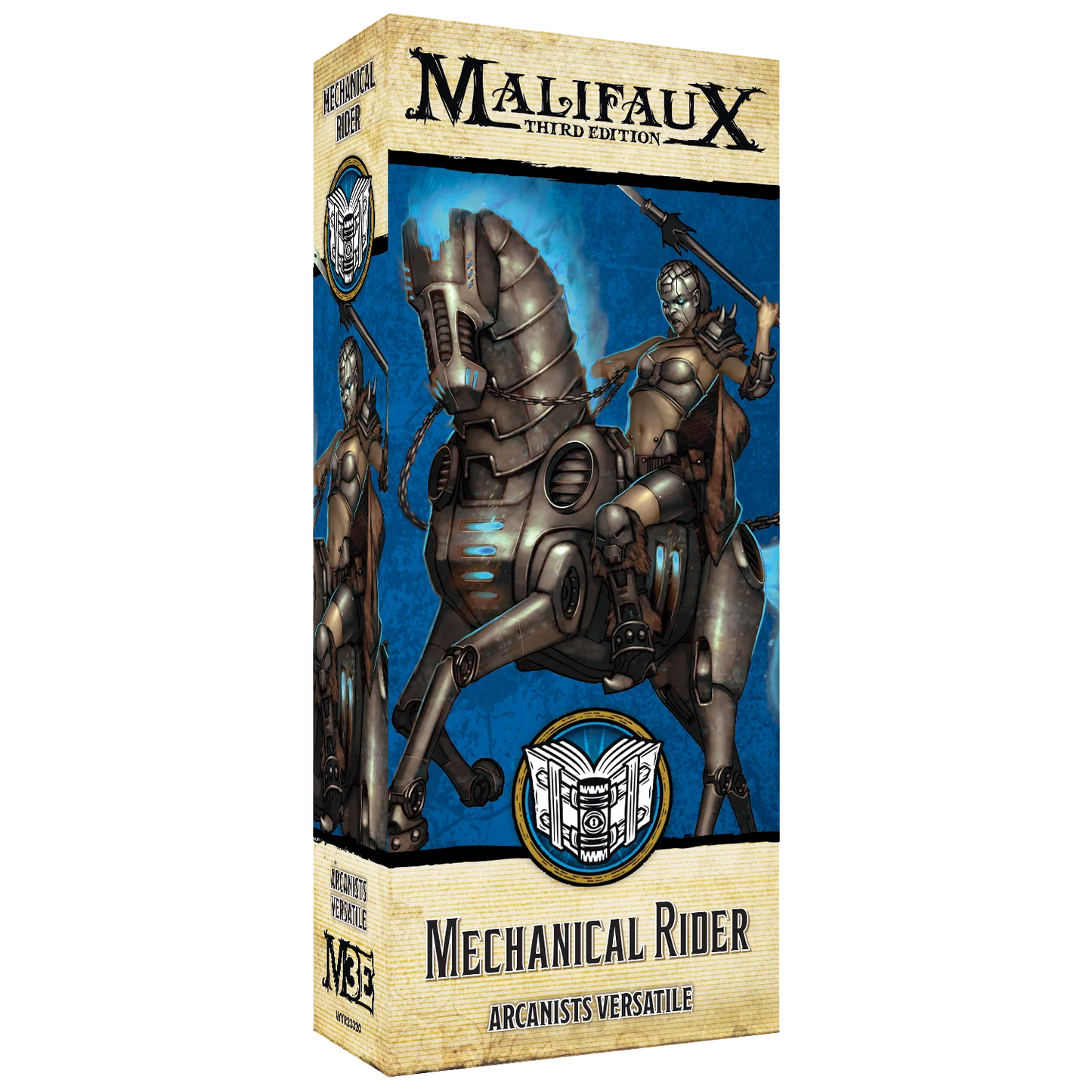 Box art for the Malifaux Mechanical Rider, an Arcanist Versatile model.