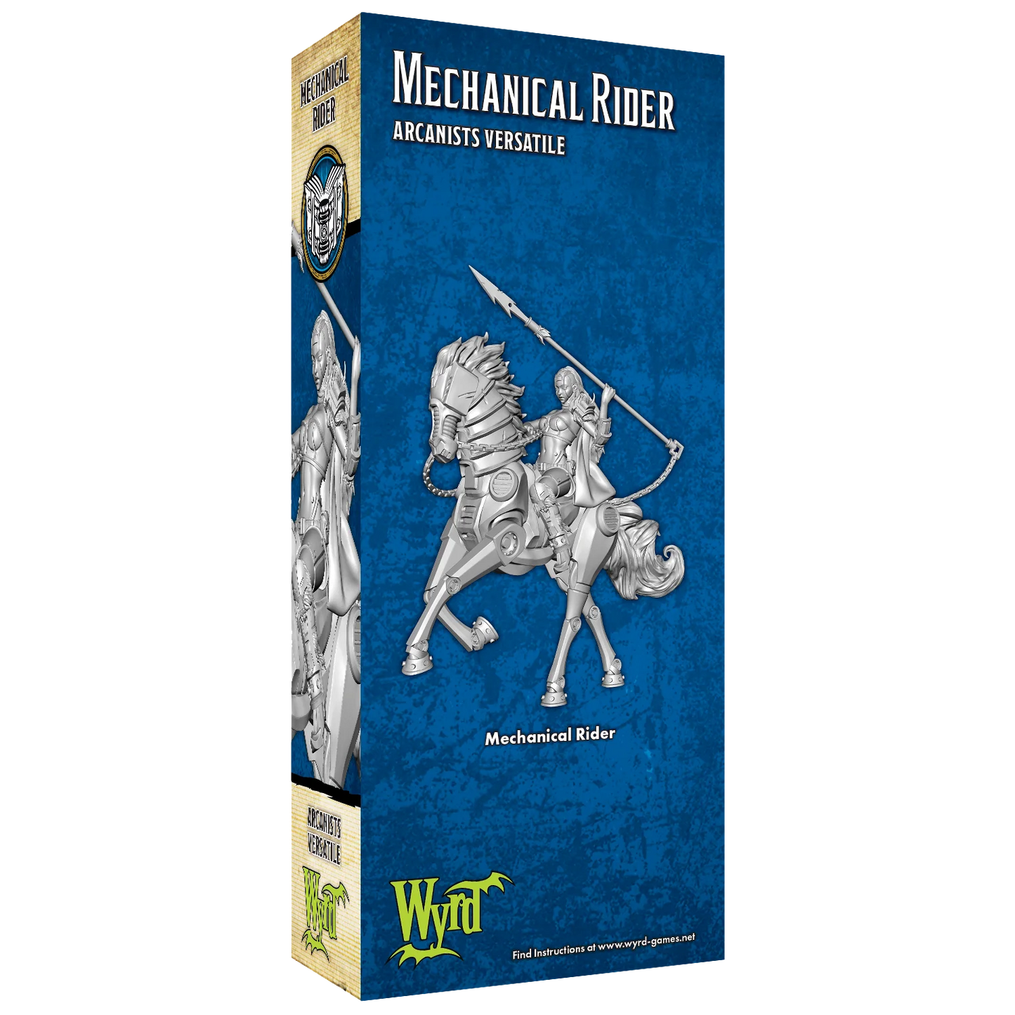 The unpainted plastic miniature of the Malifaux Mechanical Rider on its display box.