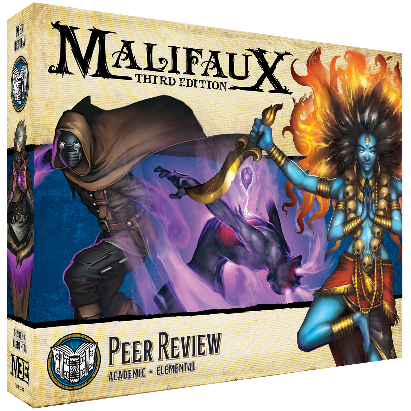 Box art for the Malifaux Peer Review expansion, showing Kandara and the Oxfordian Mages.