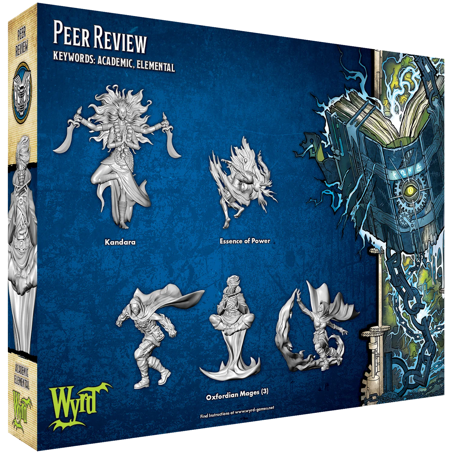 The 5 unpainted plastic miniatures from the Malifaux Peer Review box: Kandara, Essence of Power, and three Oxfordian Mages.