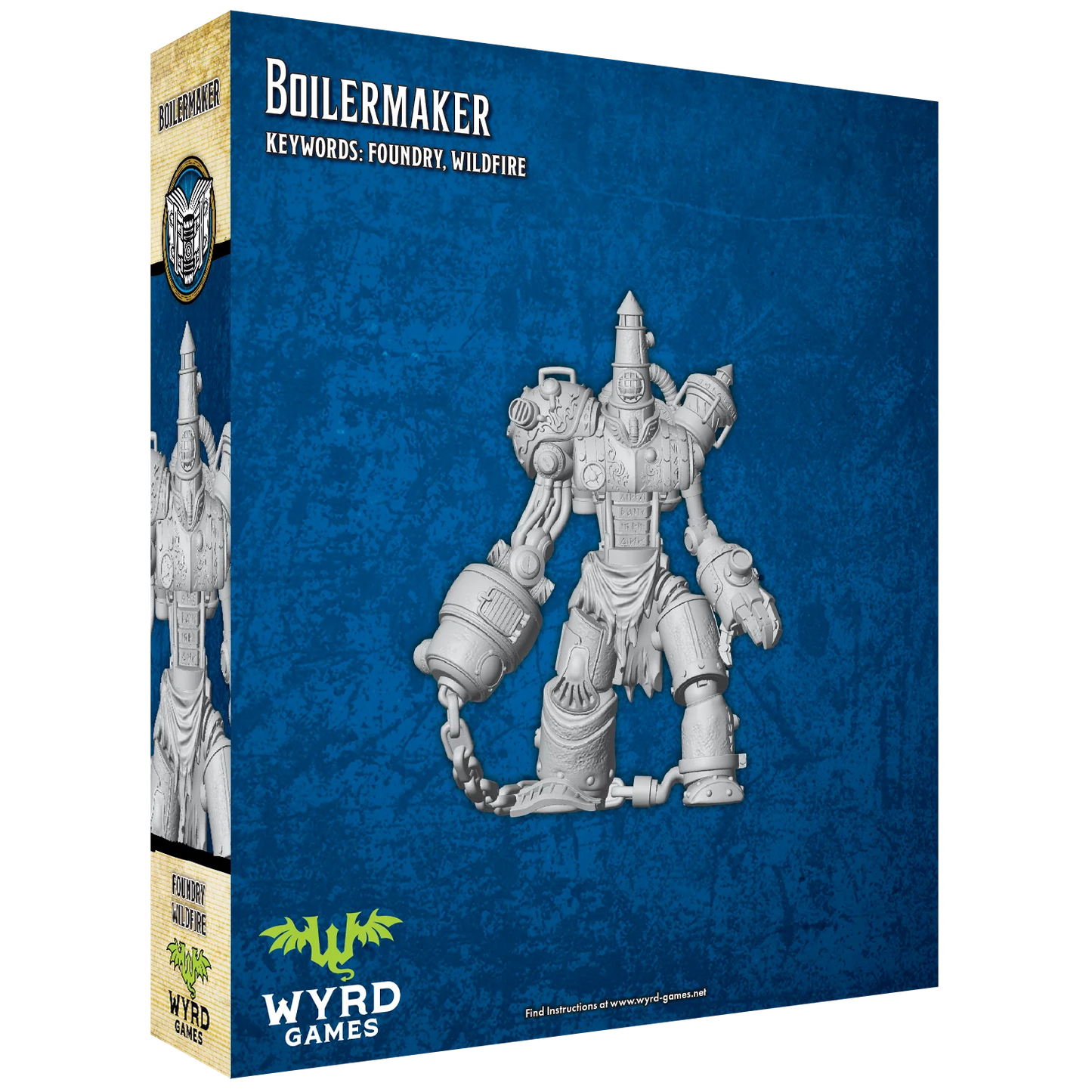 The back of the Malifaux "Boilermaker" box, displaying the unpainted plastic miniature of the large, steam-powered construct.