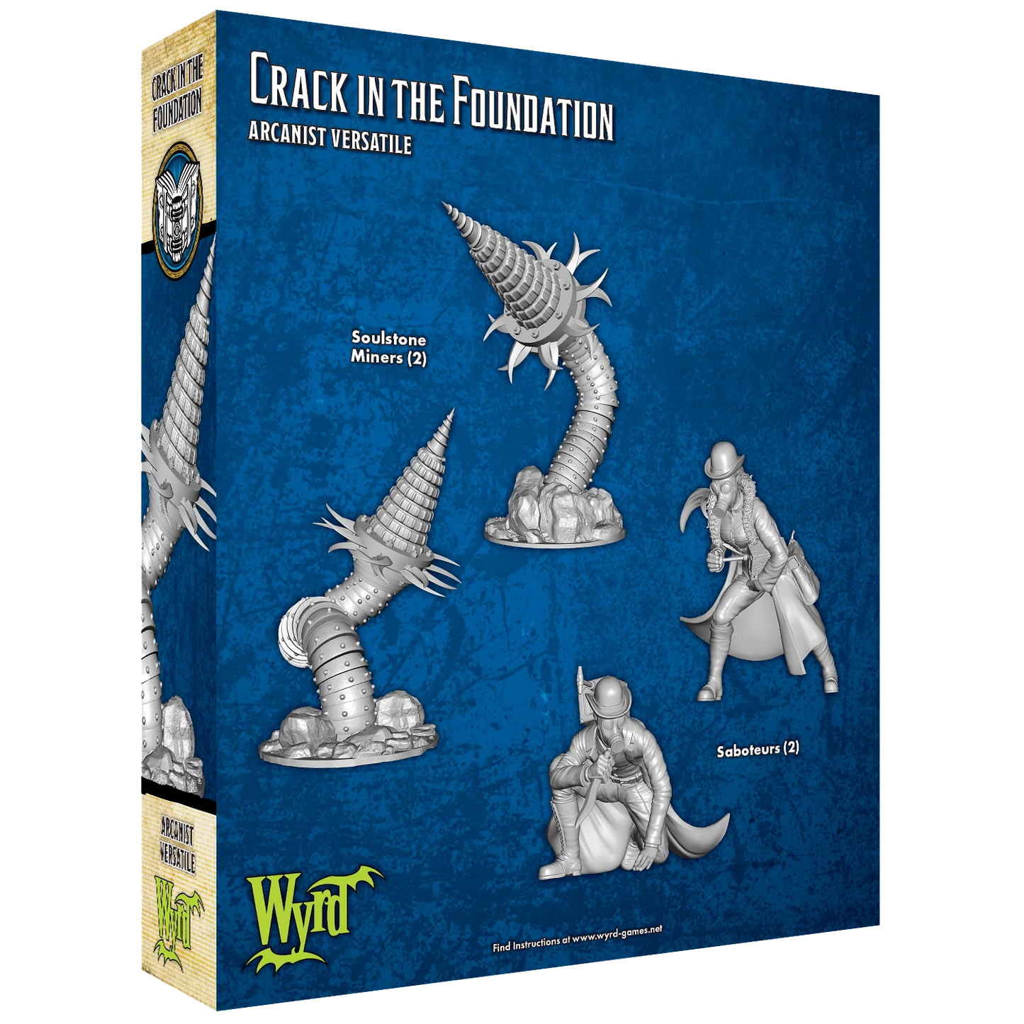The back of the Malifaux "Crack In The Foundation" box, showing the unpainted plastic miniatures of two Soulstone Miners and two Saboteurs.