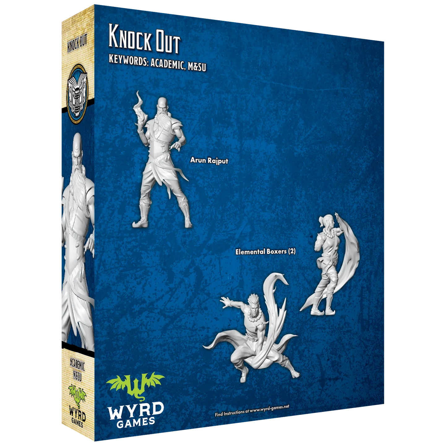 The back of the Malifaux "Knock Out" box, showing the unpainted plastic miniatures of Arun Rajput and two Elemental Boxers in dynamic poses.