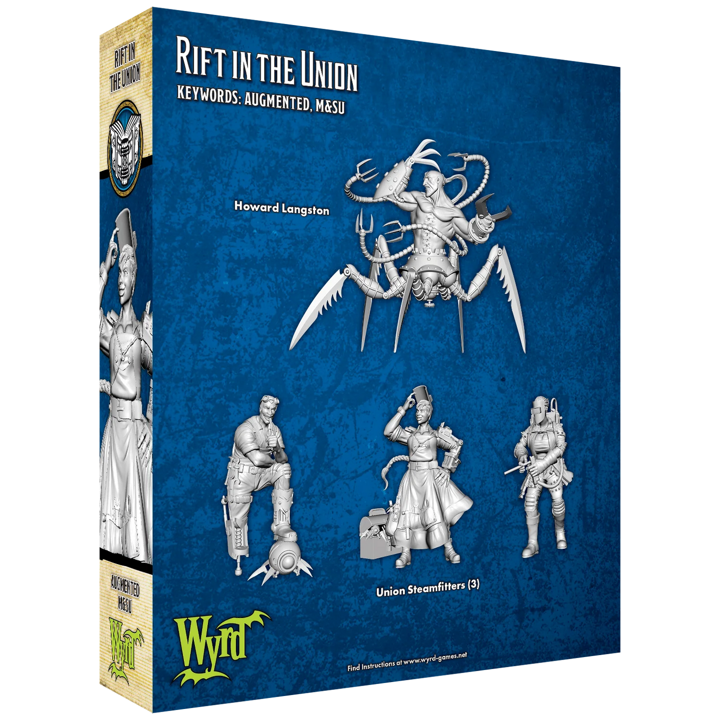 The back of the Malifaux "Rift In The Union" box, displaying the unpainted plastic miniatures of Howard Langston and three Union Steamfitters.