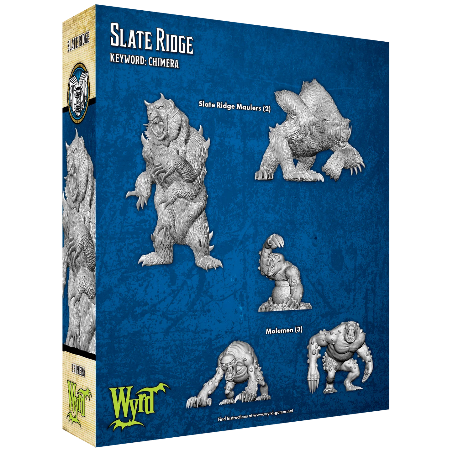 The back of the Malifaux "Slate Ridge" box, displaying the unpainted plastic miniatures for two Slate Ridge Maulers and three Molemen.