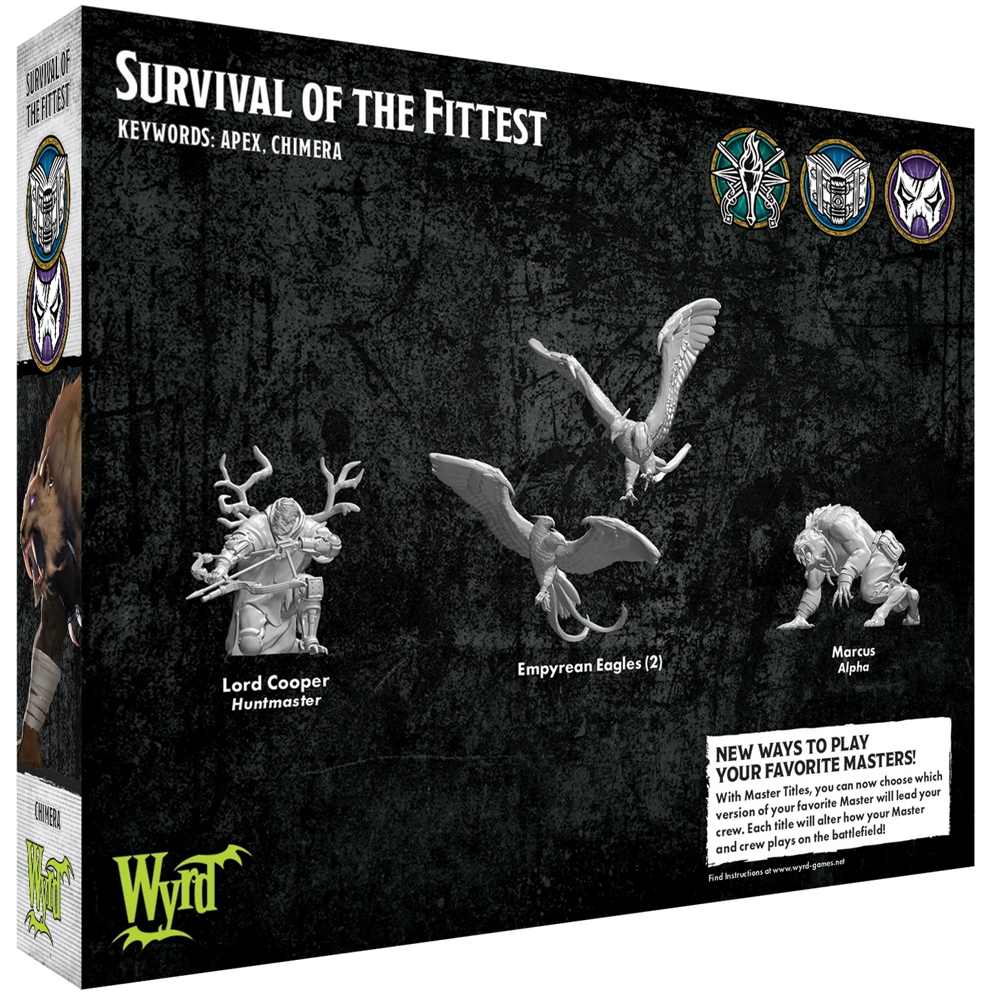 The back of the Malifaux Survival of the Fittest box, showing the unpainted plastic miniatures for Lord Cooper Huntmaster, two Empyrean Eagles, and Marcus Alpha.