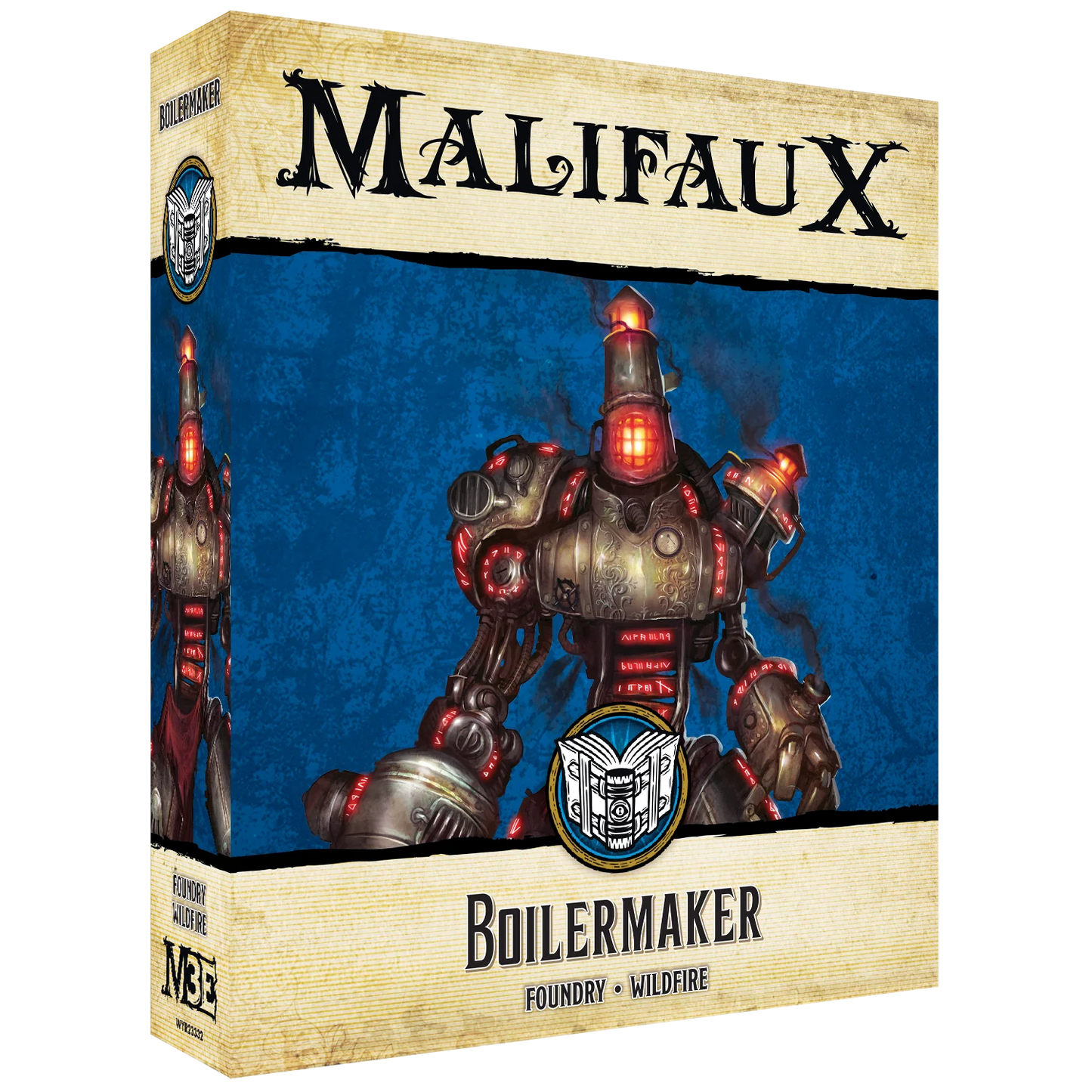 The front of the box for the Malifaux Third Edition "Boilermaker" set, showing artwork of a large, steam-powered construct from the Foundry and Wildfire factions.