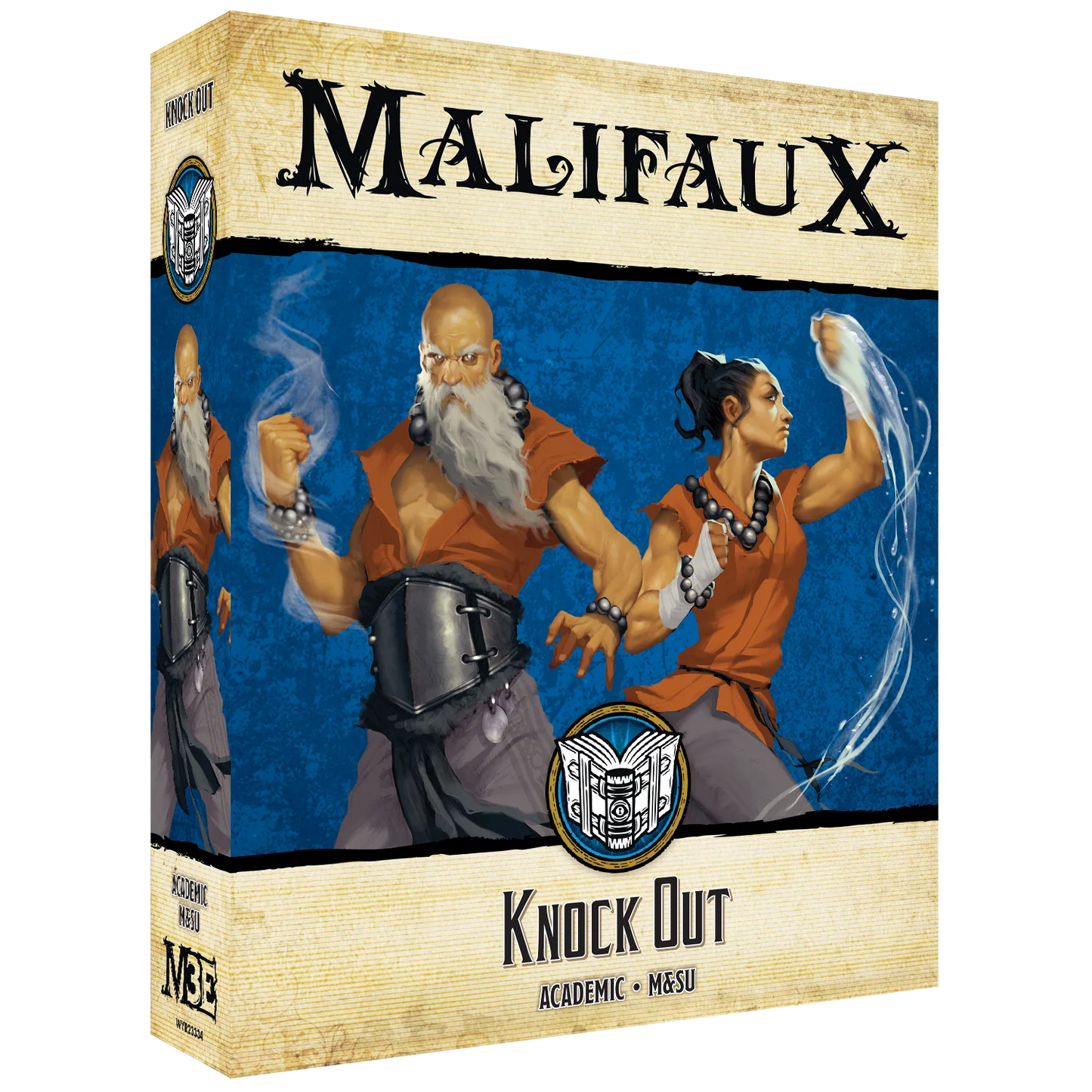 The front of the box for the Malifaux Third Edition "Knock Out" set, featuring artwork of two martial artists from the Academic and M&SU factions manipulating elemental energy.