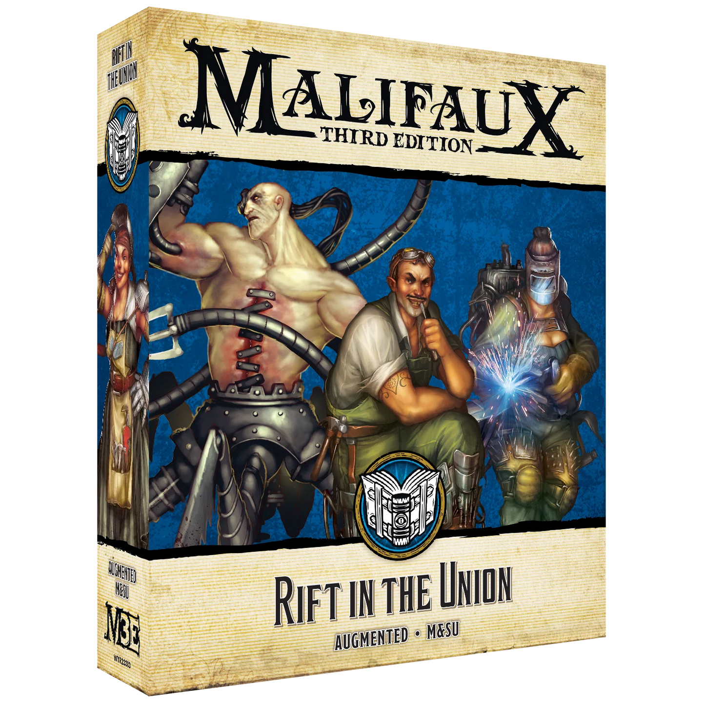 The front of the box for the Malifaux Third Edition "Rift In The Union" set, showing artwork of Howard Langston and Union Steamfitters from the Augmented and M&SU keywords.