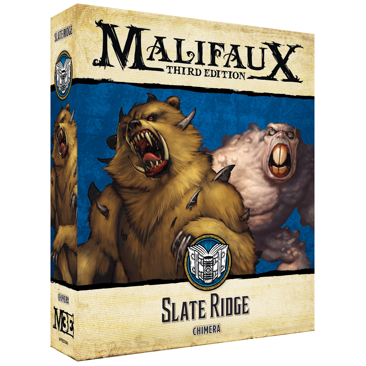 The front of the Malifaux Third Edition "Slate Ridge" box, featuring artwork of two monstrous Chimera creatures: a large, brown, bear-like beast with spikes and a pale, fleshy, squat monster.