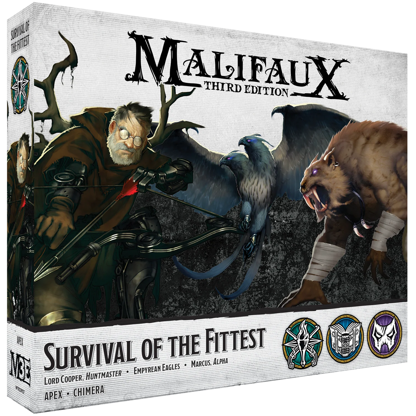 Begin your journey into the world of Malifaux with the Survival of the Fittest core box. This set features Master Titles and includes models for Lord Cooper, Marcus, and the Empyrean Eagles.