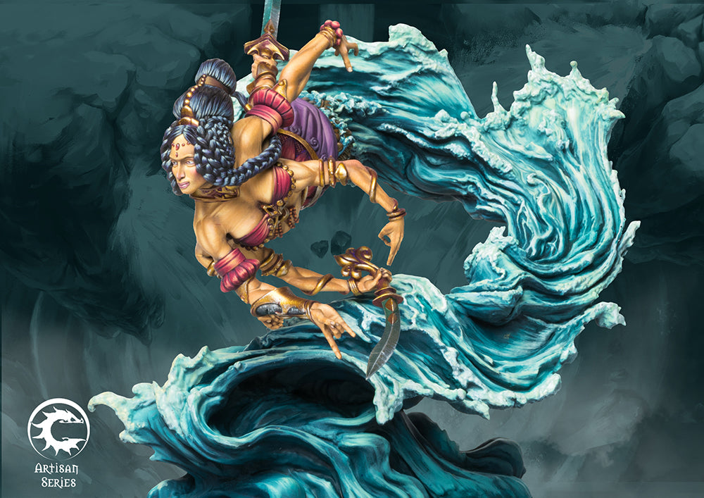 The beautifully painted Marid Apsara miniature and its accompanying water elemental display.