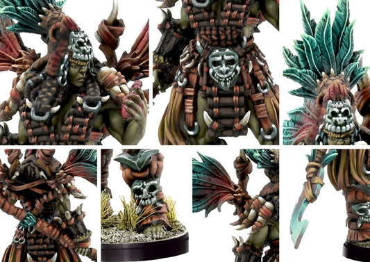 Close-up detail shots of the Matriarch Queen, highlighting the intricate bone and leather armor, fierce expression, and colorful feathered headgear.