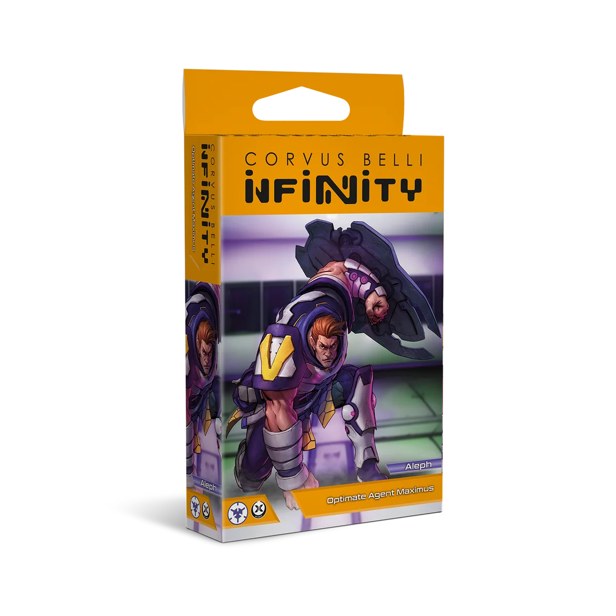 Front packaging for the Infinity ALEPH Optimate Agent Maximus miniature box.