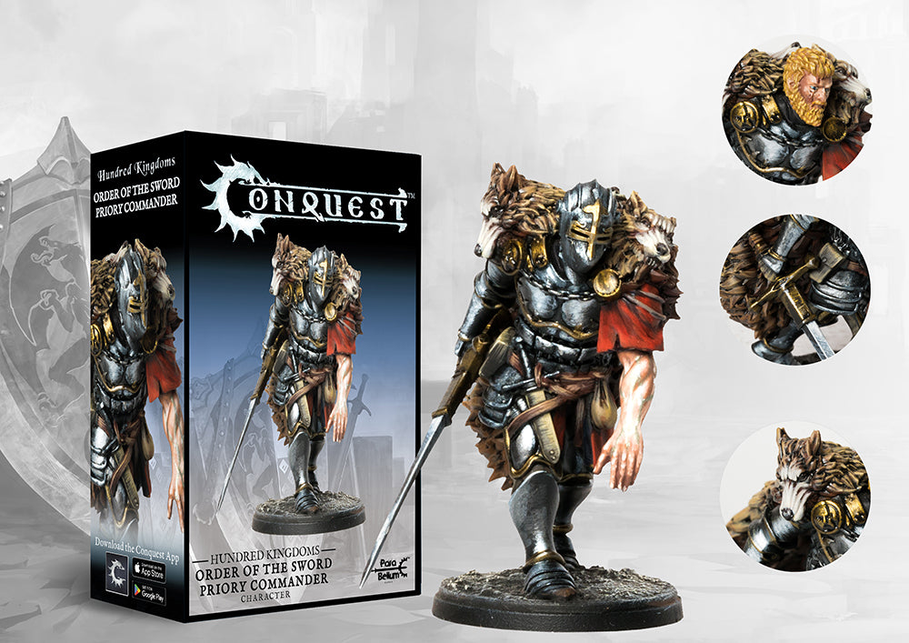 Front packaging for the Conquest Hundred Kingdoms Order of the Sword Priory Commander character model.