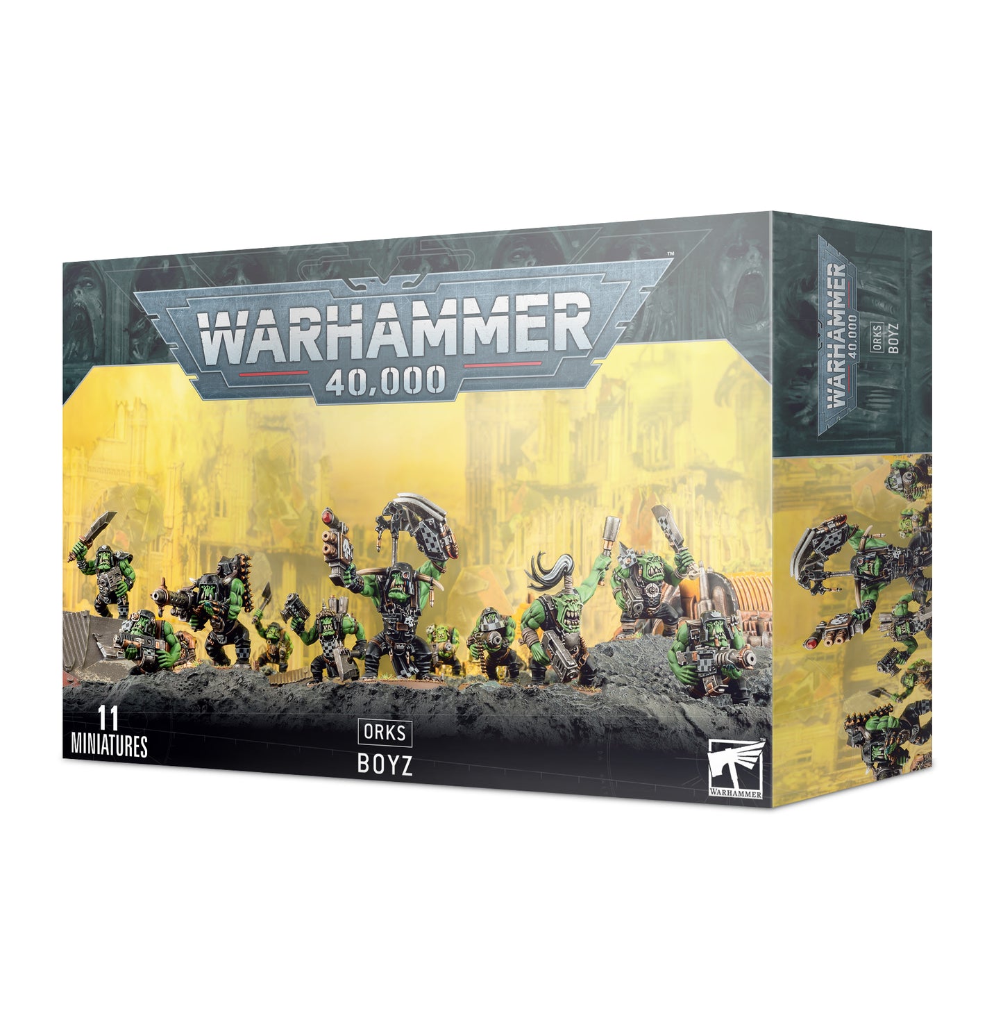 Box art for an 11-miniature horde box of green-skinned Orks Boyz with shootaz and choppaz. Christchurch, NZ.