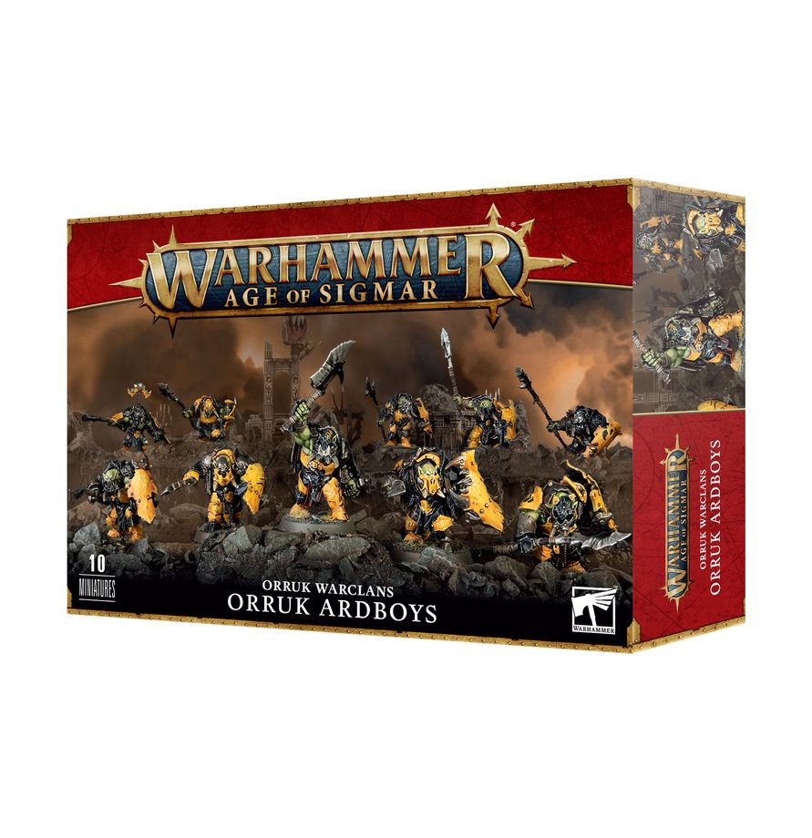 The official retail product box for the Orruk Ardboyz miniature kit, featuring the fully assembled and painted Ironjawz models.