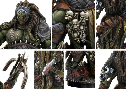 Close-up detail shots of the W'adrhŭn Predator, focusing on the fierce masked face, braided dreadlocks, skull trophies, and the detailed craftsmanship of the hunting weapons.