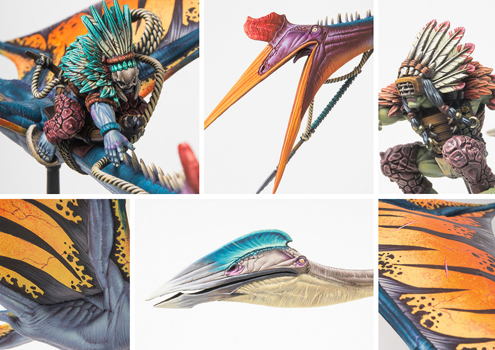 Close-up detail shots of the Quatl monster, highlighting the feathered tribal rider, the dinosaur's alternative head sculpts, and the intricate wing and beak details.