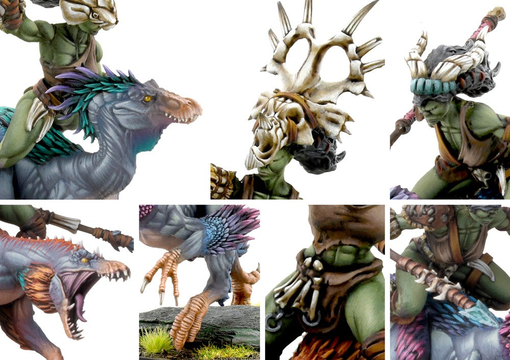 Close-up detail shots of the Raptor Rider miniatures, focusing on the dinosaur's fierce head, feathered crest, taloned feet, and the rider's skeletal or horned tribal helmet.
