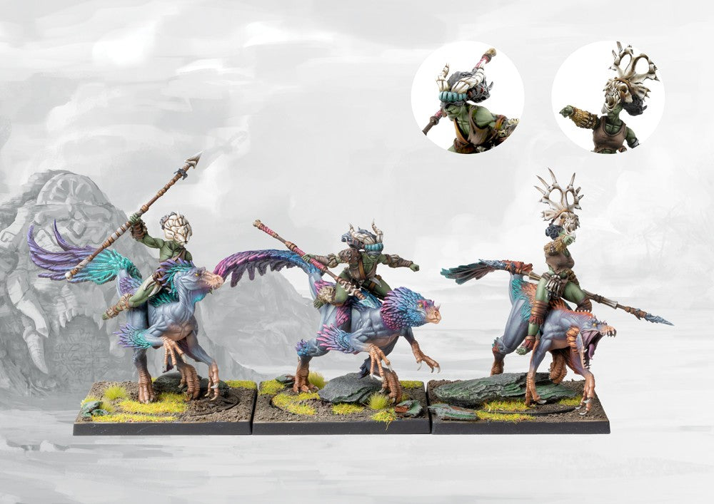 Three individual painted Raptor Riders miniatures in a dynamic charge pose, highlighting the brightly feathered mounts and the W'adrhŭn tribal riders.