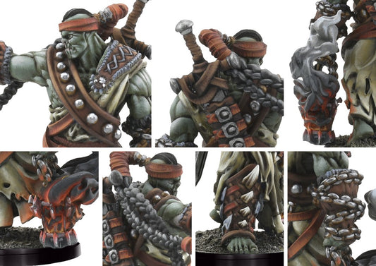 Close-up detail shots of the Scion of Conquest, highlighting the facial expression, chained bone accessories, and tribal armor.