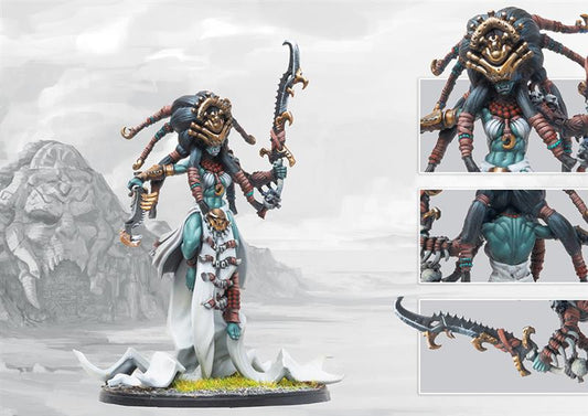Fully painted W'adrhŭn Scion of Death character, showing the imposing figure with blue skin, four arms, and tribal bone mask, posed ready to lead.