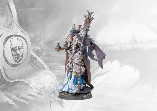 Fully painted resin miniature of the Spires Biomancer, a character model for Conquest: The Last Argument of Kings who uses Biomancy to buff troops.