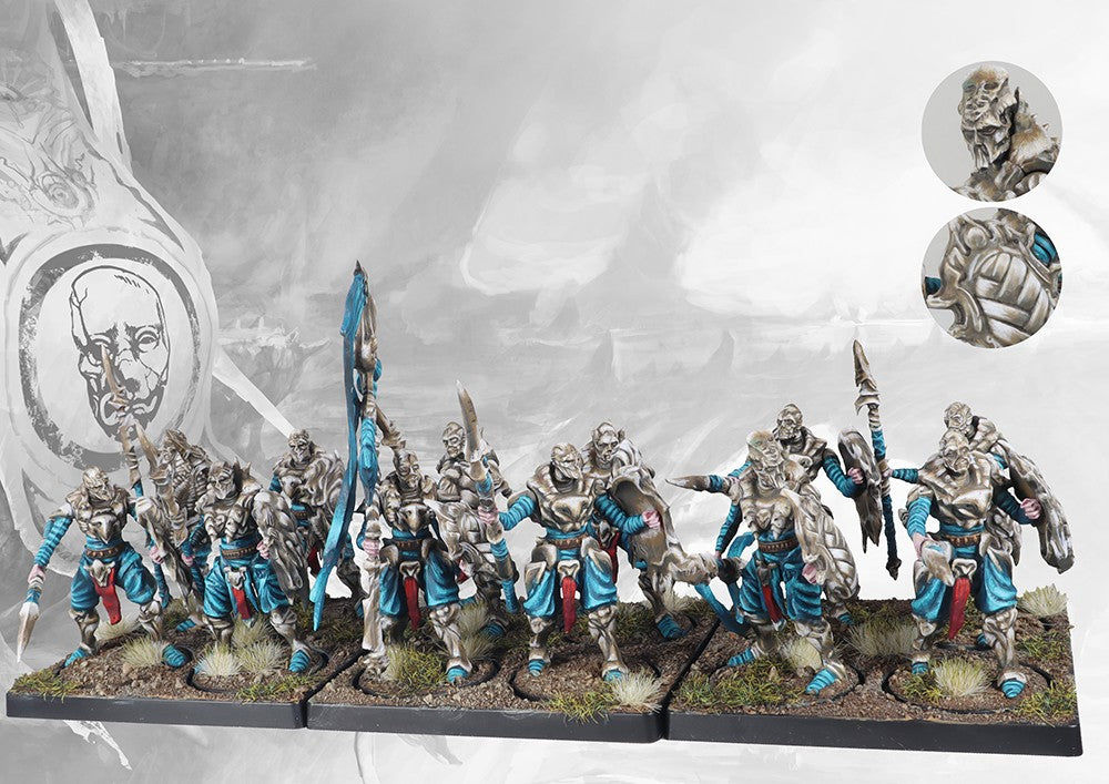Fully assembled and painted Spires Bound Clones miniatures regiment with shields and spears, highlighting the armor and teal cloth details.