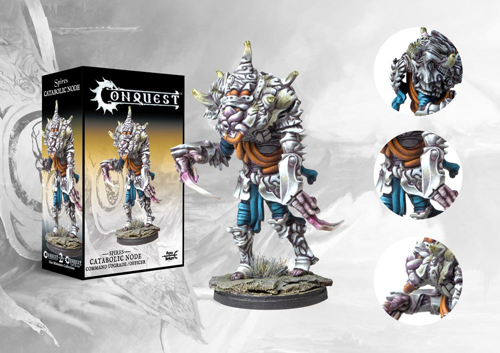 Box art and close-up details of the Conquest: The Spires Catabolic Node command upgrade, showing its unique, unstable bio-engineered form.