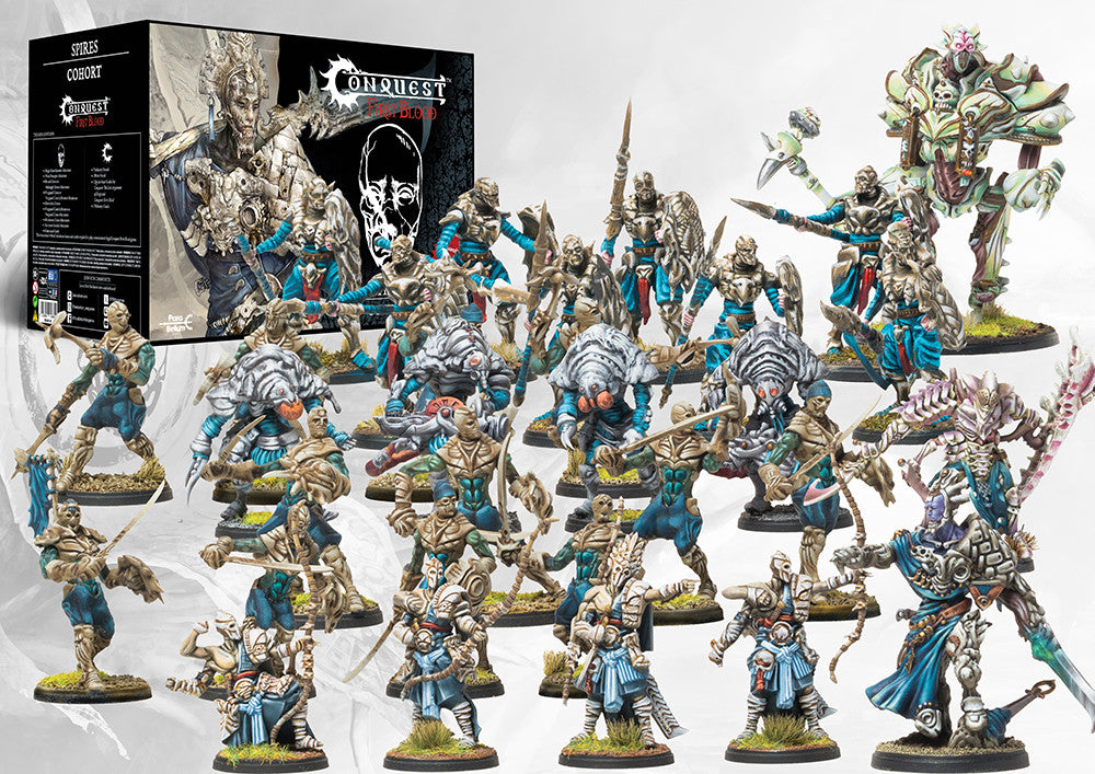 A collection of painted Conquest Spires miniatures from the Cohort Starter Set, including the High Clone Executor, Ward Preceptor, Vanguard Clones, and Incarnate Sentinel.