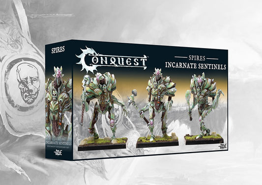 Box art for the Conquest: The Spires Incarnate Sentinels Regiment Expansion Set, featuring three heavy Brute plastic models.