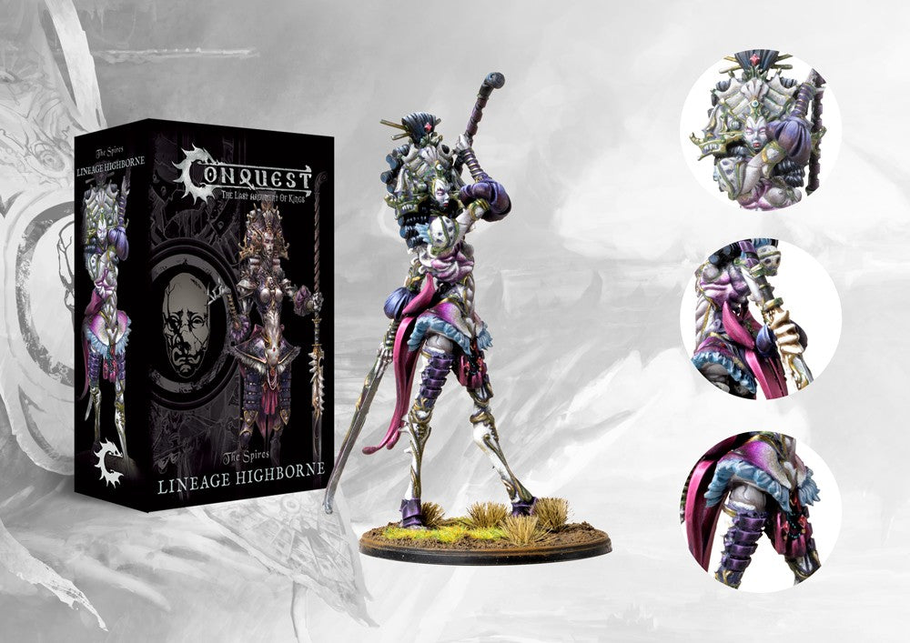Box art and close-up details of the Conquest Spires Lineage Highborne, showing the tall, elegant character model with purple and pink robes and ornate bone armor.
