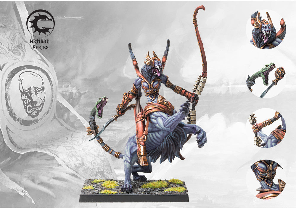 Painted Conquest: The Spires Lineage Prideborne (Artisan Series) resin miniature, a faster cavalry character armed with a great bow and scimitar, leading Leonine Avatara.