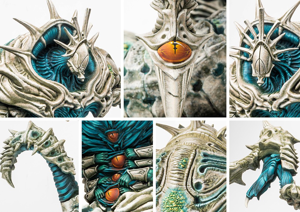 Collage of close-up details on the Siegebreaker Behemoth model, showcasing the grotesque eye, bone carapace, and exposed blue muscle tissue.