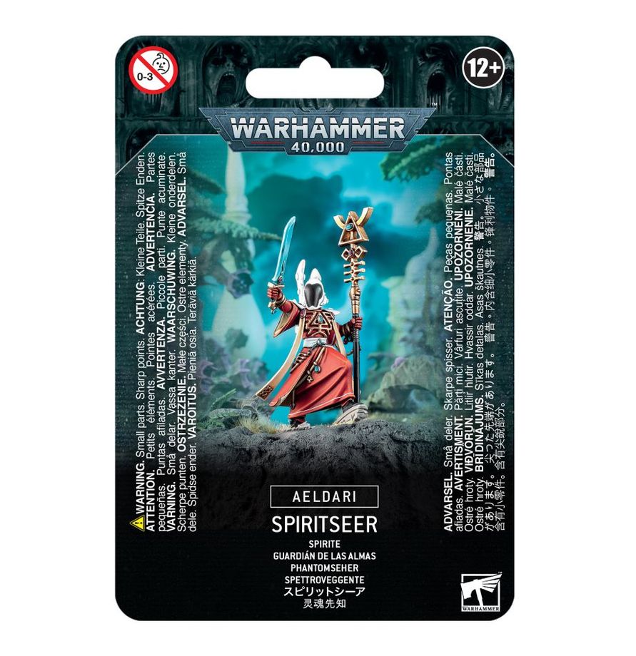 The official retail product box for the Spiritseer miniature kit, featuring the fully assembled and painted Aeldari model.