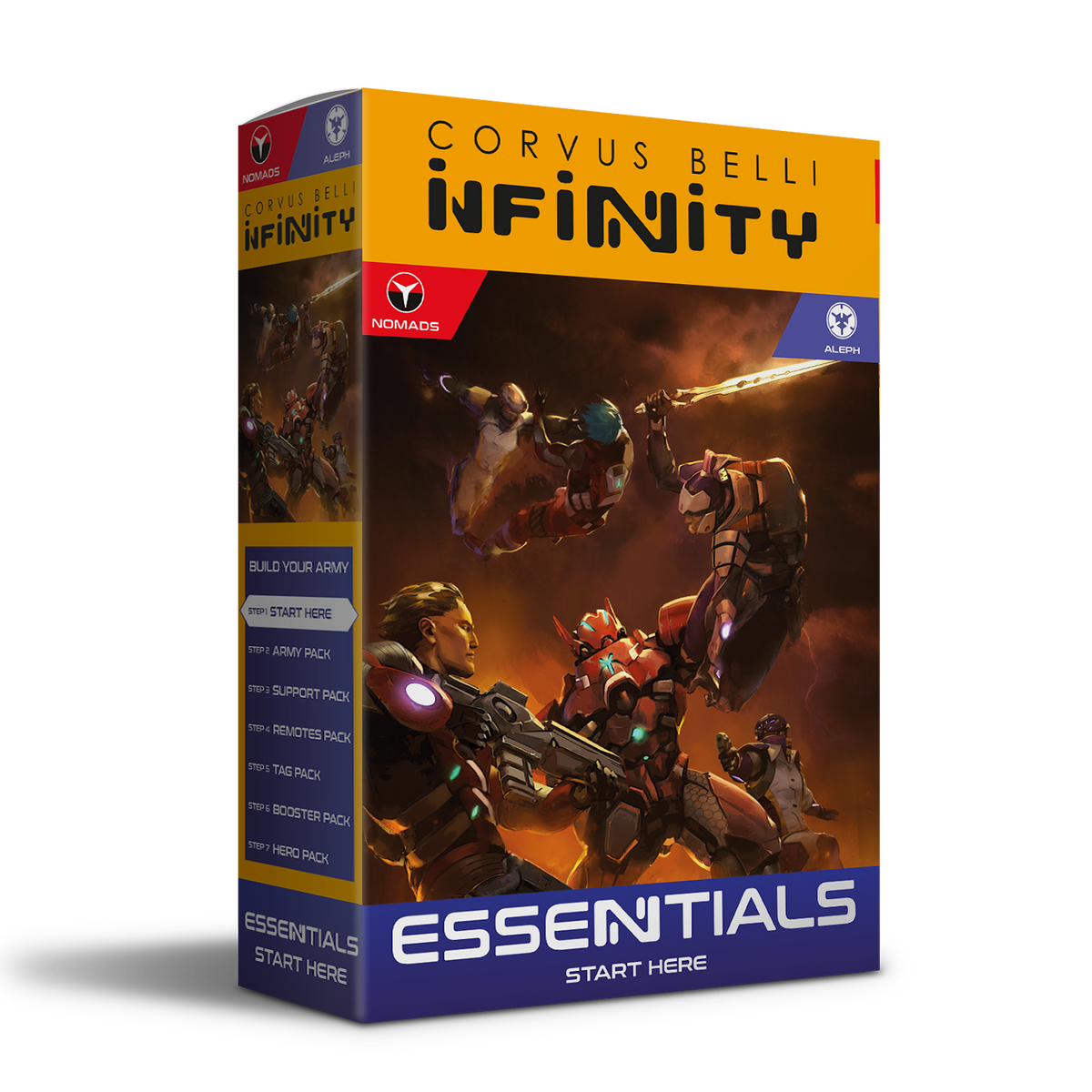 Front box art of the Infinity Start Here: Nomads / ALEPH introductory battle pack.