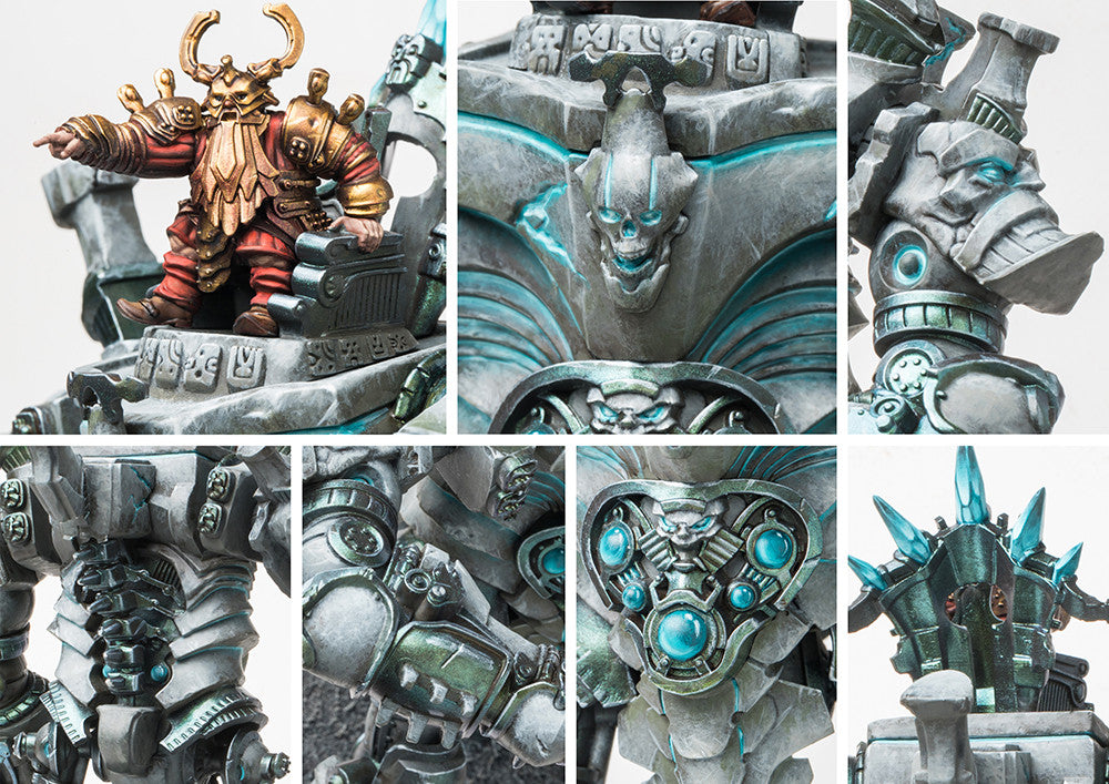 Close-up details of the Stoneforged model, focusing on the dwarf pilot in the cockpit, the glowing blue elemental crystals, and the intricate stone/metal armor plating.