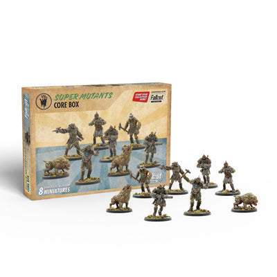 Eight fully painted miniatures including six Super Mutants and two Super Mutant Hounds ready for combat.