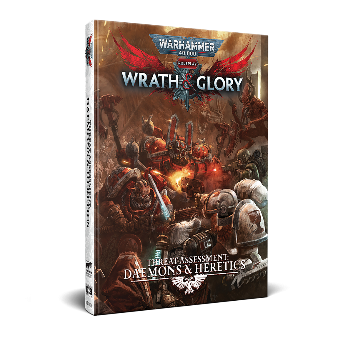 Front cover of the Threat Assessment: Daemons & Heretics sourcebook for Warhammer 40,000 Roleplay: Wrath & Glory, showcasing thematic Chaos artwork.