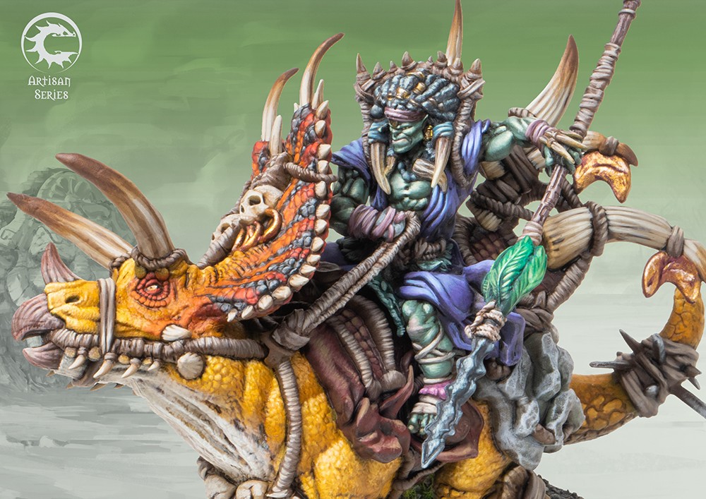 Close-up of the Thunder Chieftain rider model, highlighting the tribal helmet, blue skin, bone armor, and fierce expression.